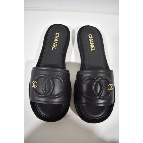 Chanel 23C Black Lambskin Leather CC Logo Slide Sandal Slip Espadrille Flat 40 - Picture 8 of 12